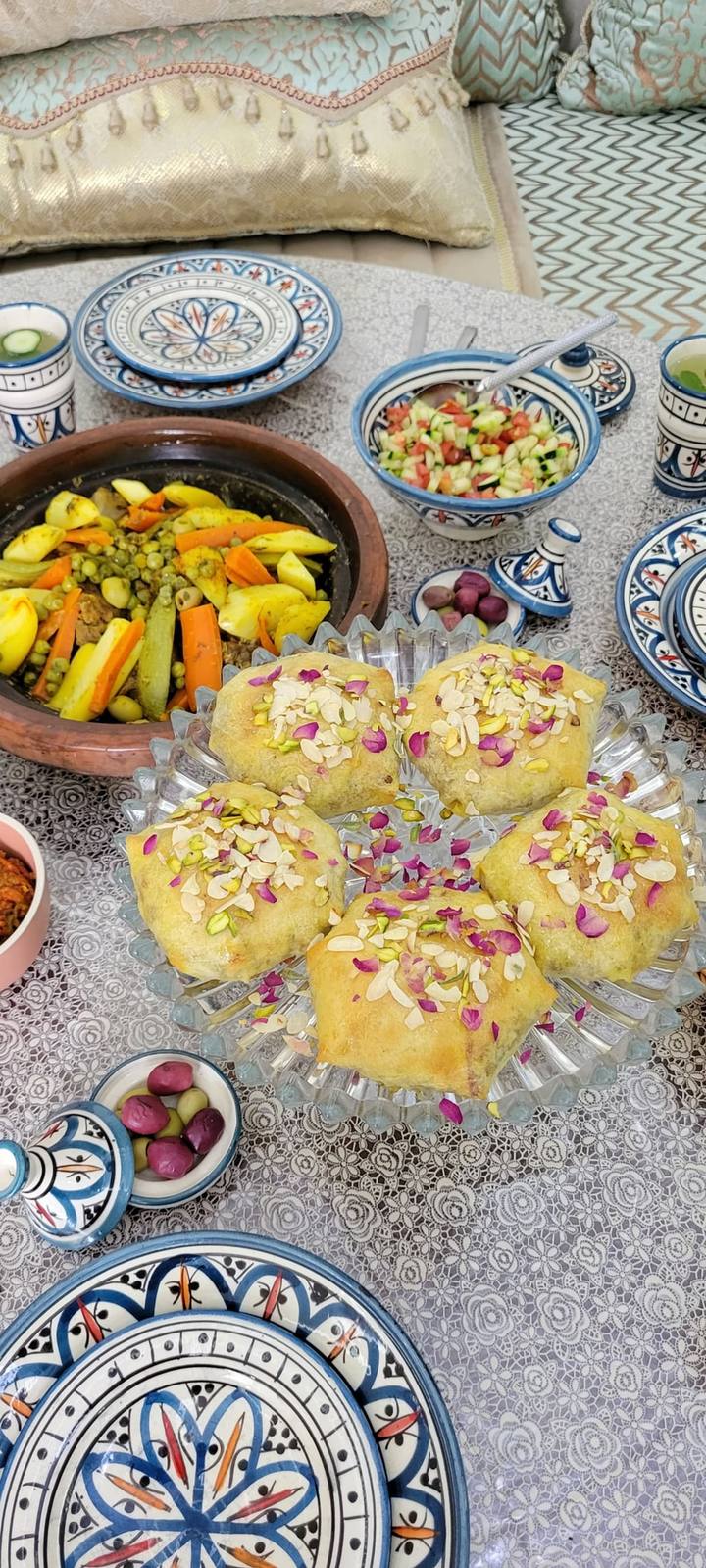 Couscous, tagine, pastilla and tea on the table